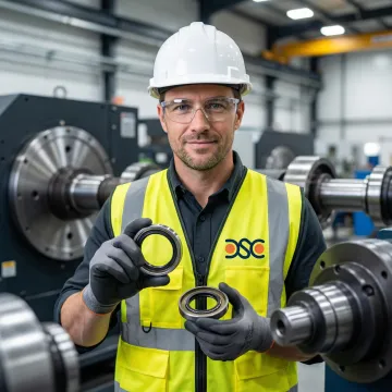 Industrial engineer inspecting rotary shaft oil seals for rotating equipment