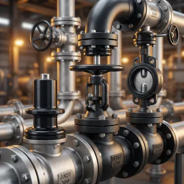 Close-up of valve stem and body seals installed on industrial ball and gate valves