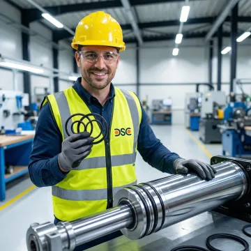 Engineer inspecting X-ring quad ring seals for hydraulic cylinder assembly in an industrial facility