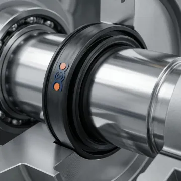 V-ring axial lip seal installed on a rotating metal shaft in an industrial setting