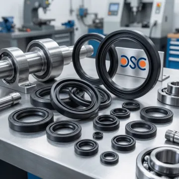 Assorted rubber V-ring seals arranged next to rotating shaft components on a workbench