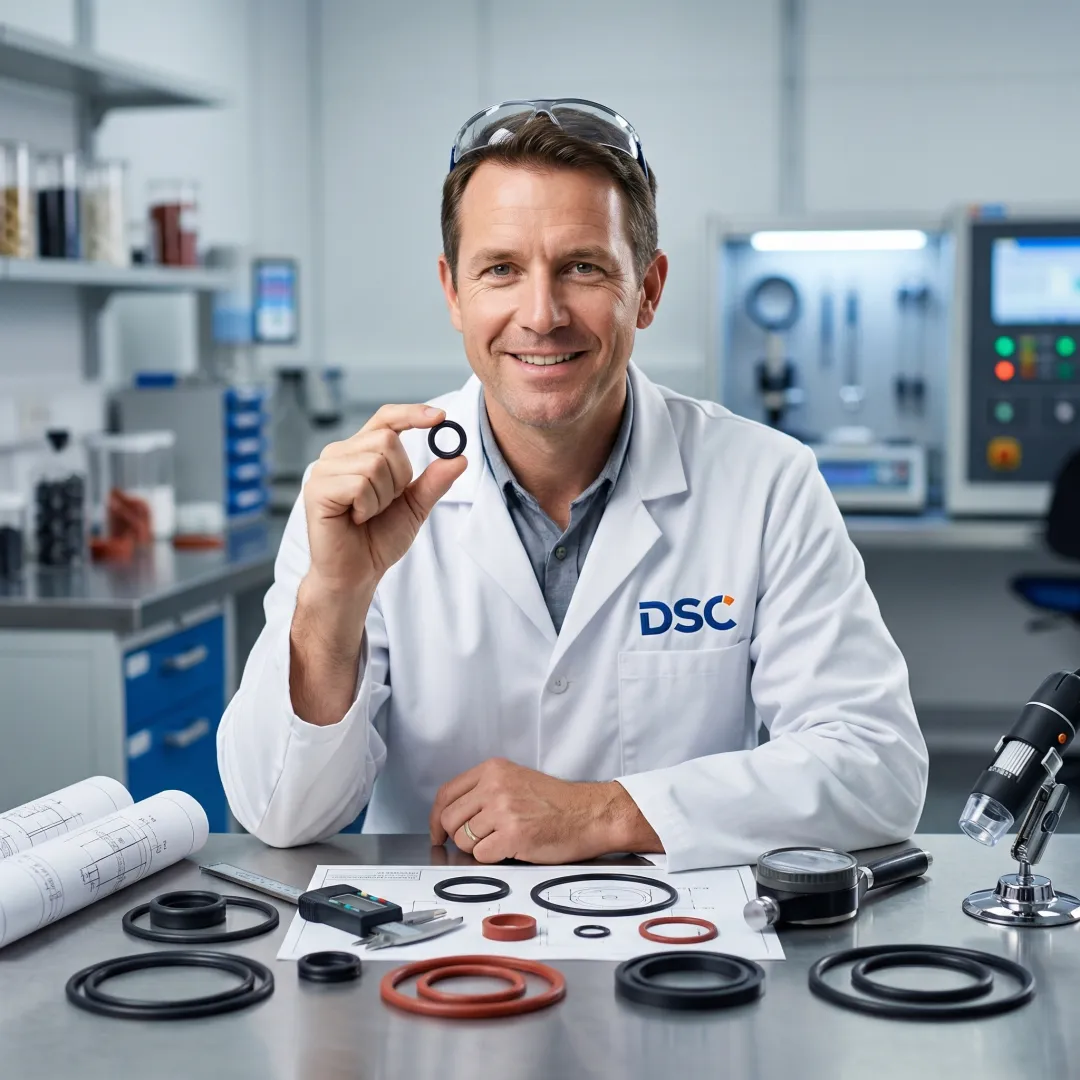 Engineer reviewing custom O-ring seal specifications in a technical laboratory setting