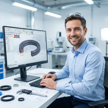 DSC engineer reviewing custom seal design specifications on a computer in a technical lab