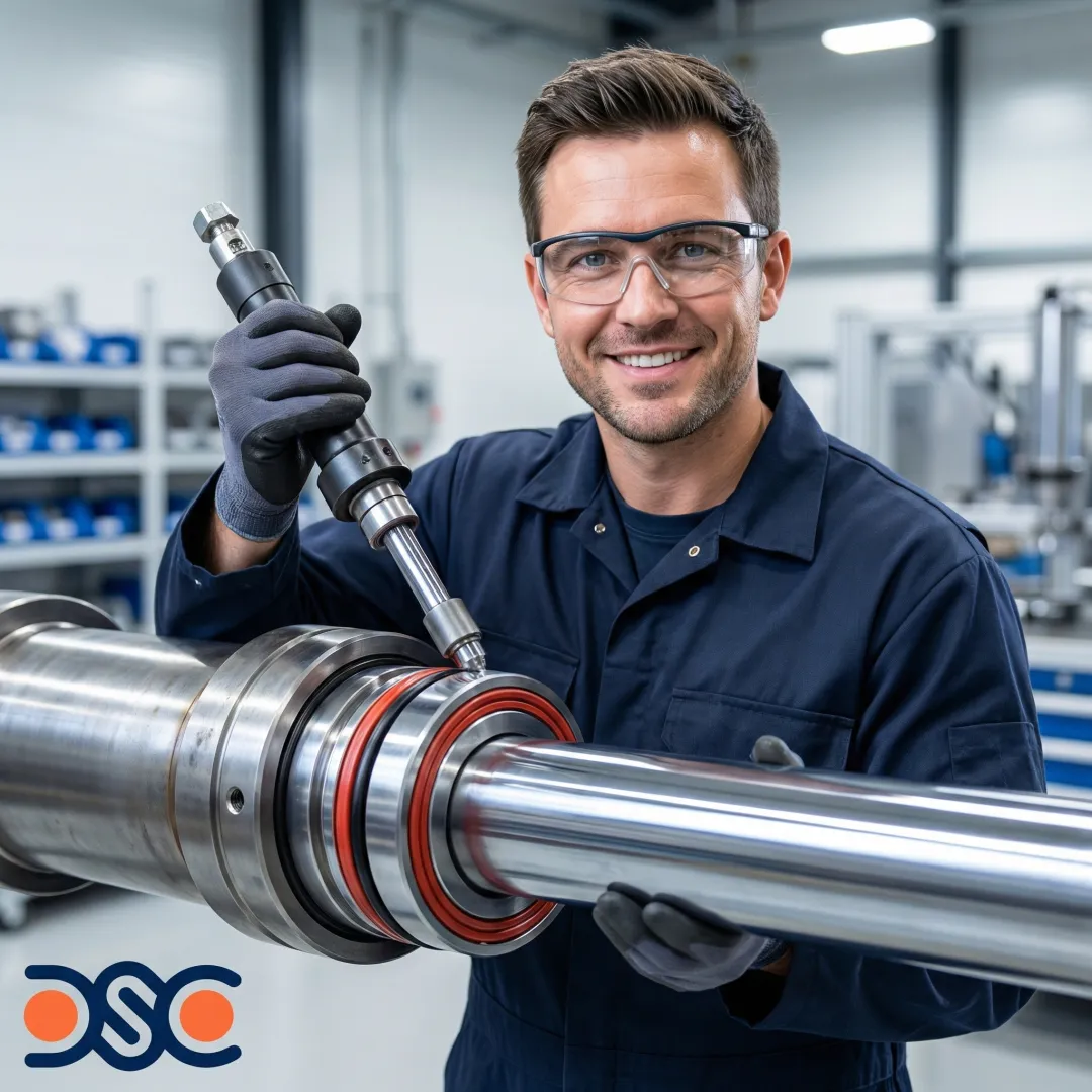 Technician inspecting hydraulic cylinder piston and rod seals during assembly