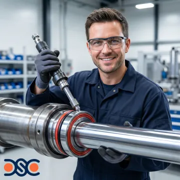 Technician inspecting hydraulic cylinder piston and rod seals during assembly