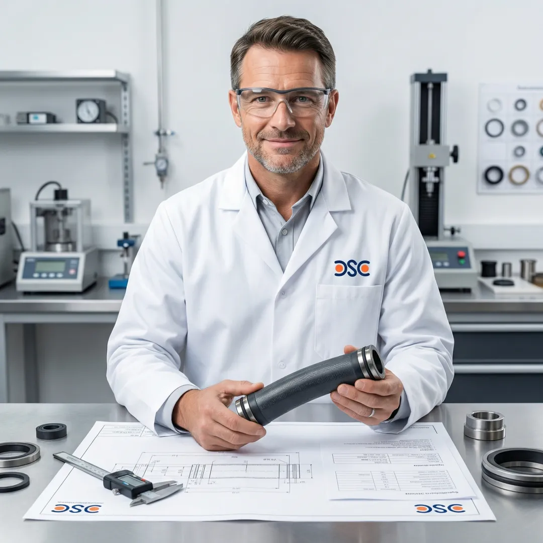 DSC engineer reviewing packer element design for oilfield well intervention application