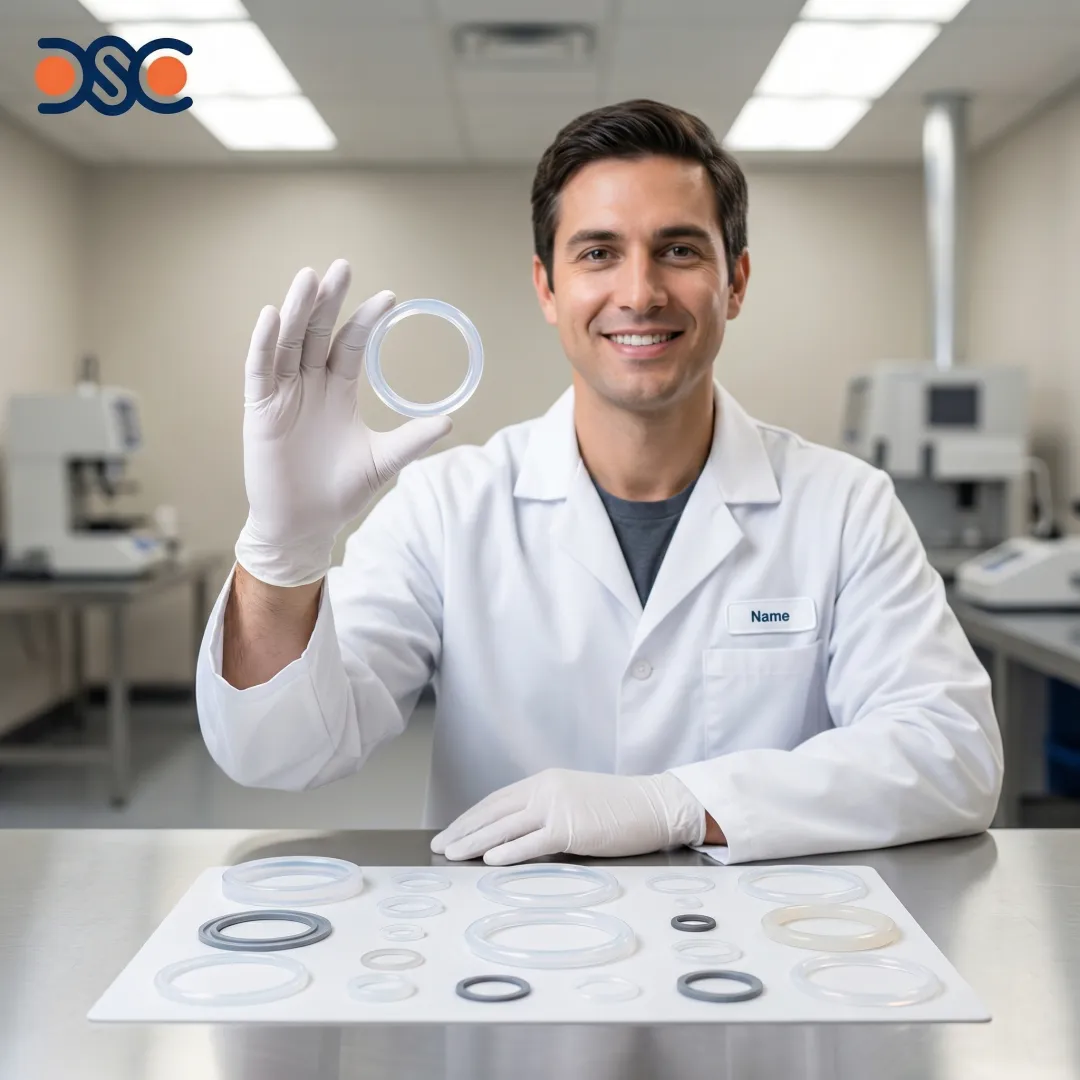Technician inspecting food grade silicone O-rings in a clean production environment