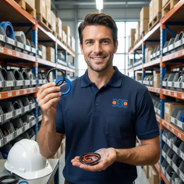 Industrial engineer inspecting custom rubber O-rings and seals in a distribution warehouse