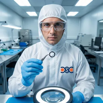 Technician inspecting ultra-high purity O-rings for semiconductor cleanroom equipment