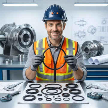 Engineer inspecting rubber seals for wind turbine gearbox assembly in a warehouse