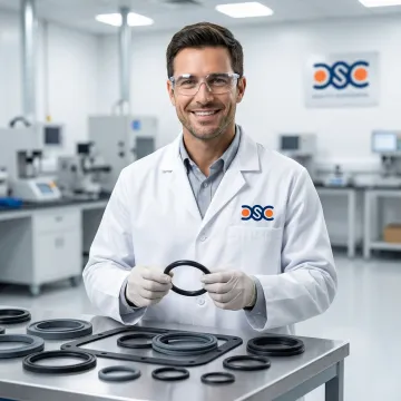 Engineer inspecting custom rubber gasket components in a quality control lab