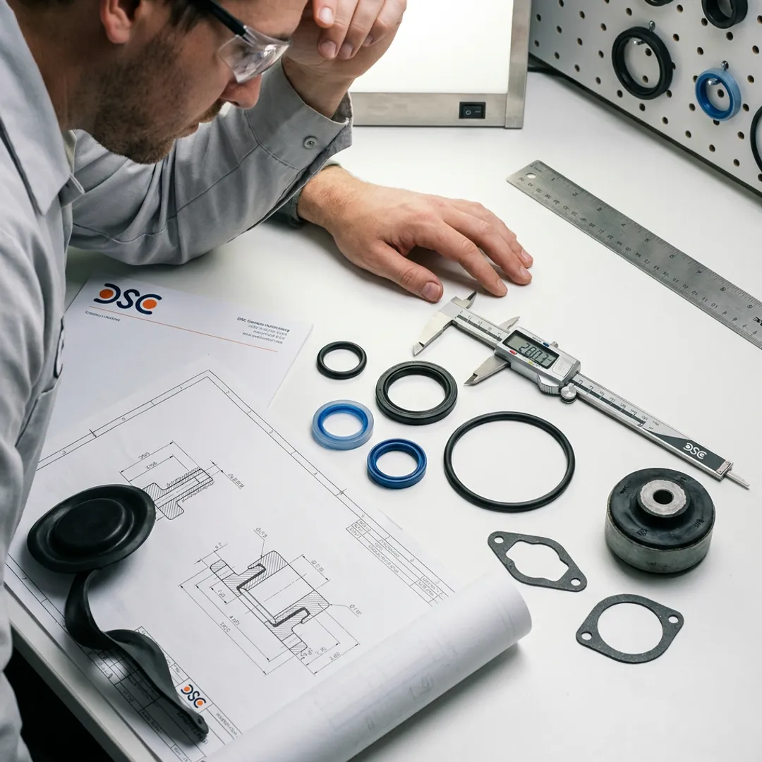 Engineer inspecting molded rubber sealing components