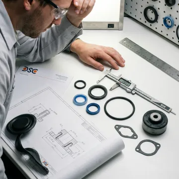Engineer inspecting molded rubber sealing components