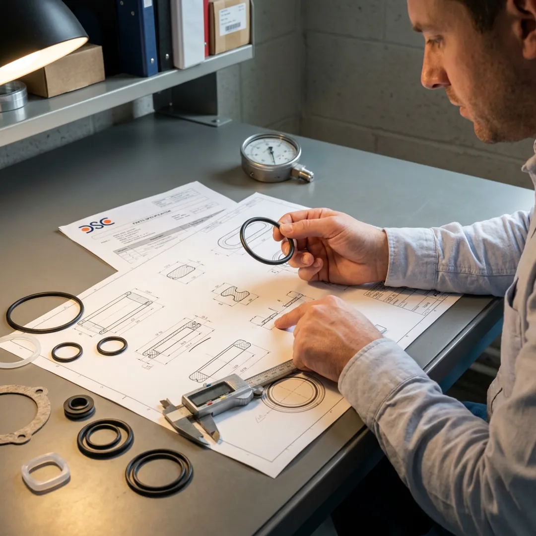 Engineer reviewing industrial sealing component designs