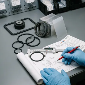 Engineer inspecting precision molded sealing components