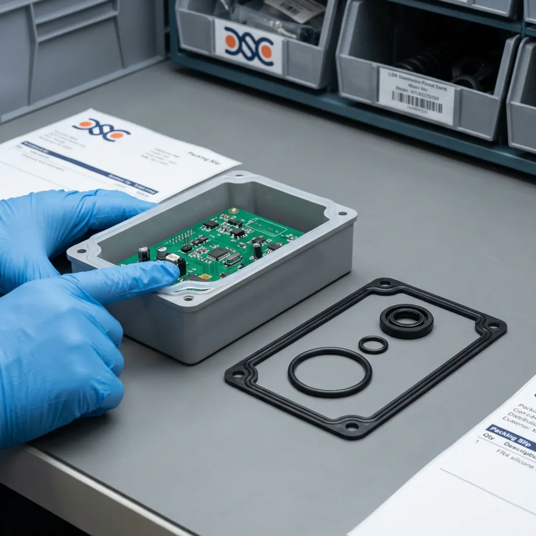Technician inspecting electronics enclosure seal