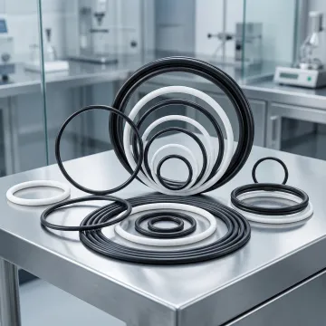 FFKM perfluoroelastomer O-rings displayed on a clean industrial surface with chemical resistance testing equipment nearby