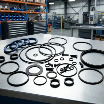 Custom industrial seals and gaskets displayed on a workbench in a Pennsylvania distribution warehouse