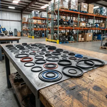 Custom O-rings and rubber seals displayed on an industrial workbench in Ohio