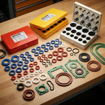 Custom seal repair kit with organized O-rings, hydraulic seals, and rubber components for equipment rebuild.