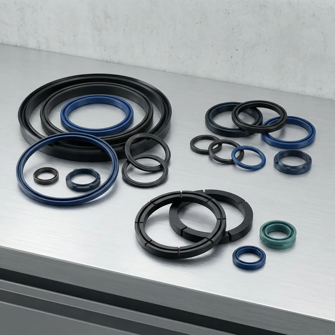 Pneumatic cylinder seal kit components including piston rod and wiper seals laid out on a technical surface
