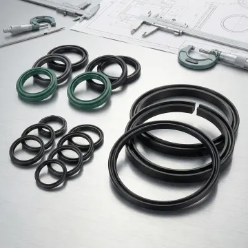 Precision pneumatic cylinder seal kit components including rod and piston seals in an industrial setting