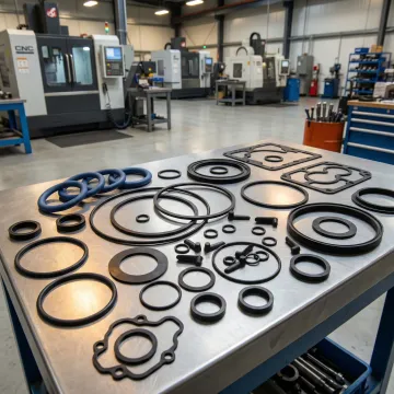Custom rubber seals and gaskets arranged on an industrial workbench in a manufacturing facility
