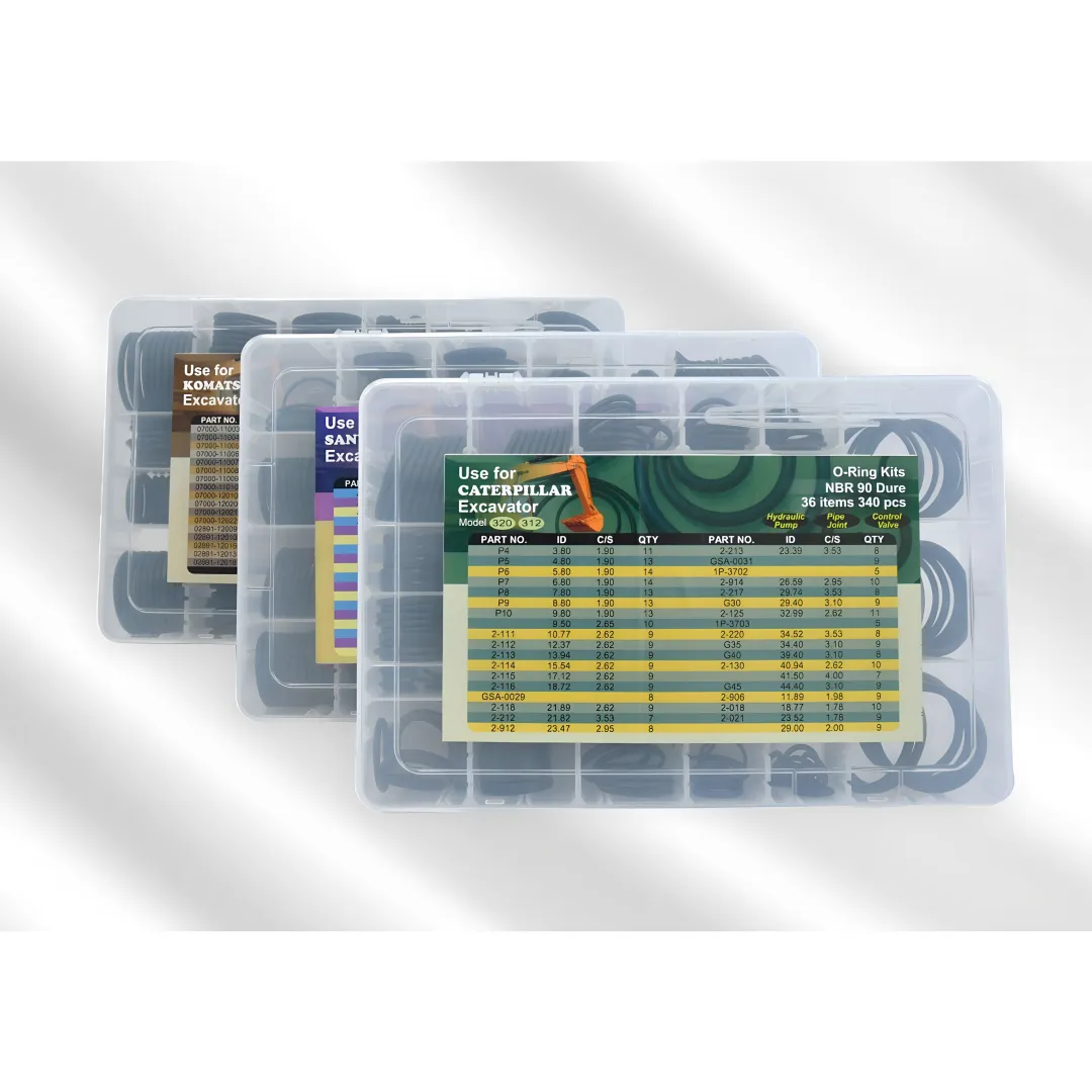 Custom seal repair kit with organized O-rings, hydraulic seals, and rubber components for equipment rebuild.