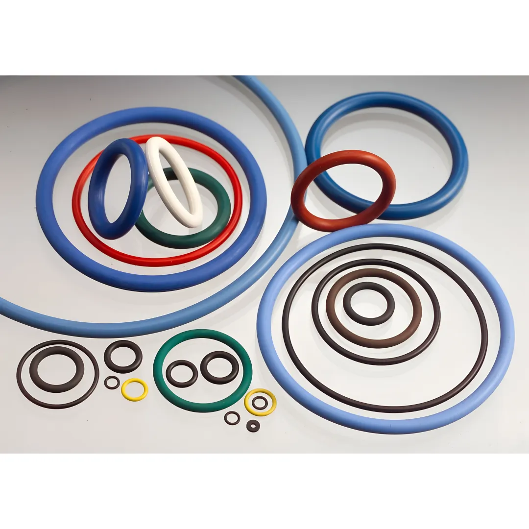FFKM perfluoroelastomer O-rings displayed on a clean industrial surface with chemical resistance testing equipment nearby