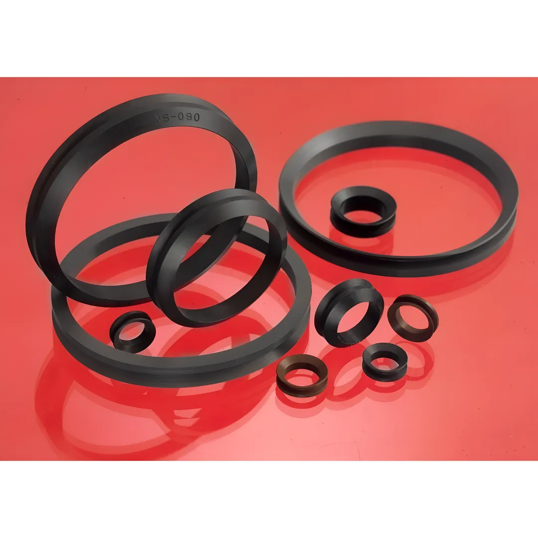 V-ring axial lip seal installed on a rotating metal shaft in an industrial setting