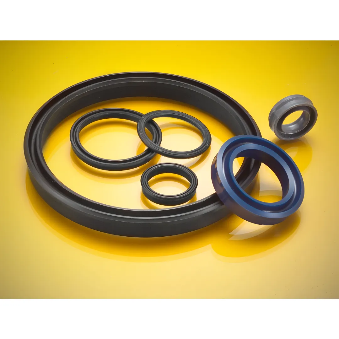Hydraulic cylinder seal kits including piston seals, rod seals, and O-rings laid out on a workbench