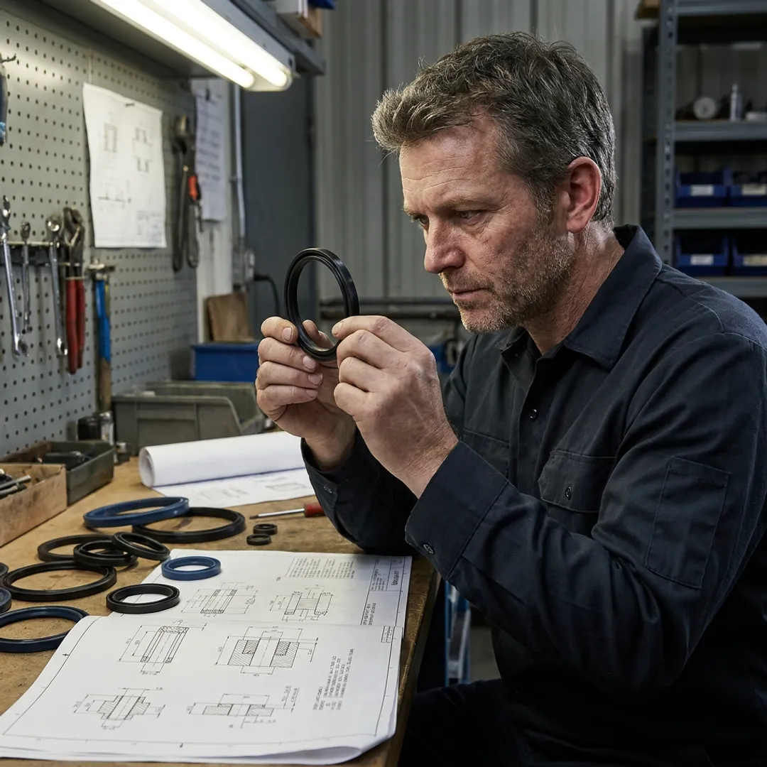 Technician reviewing hydraulic seal components