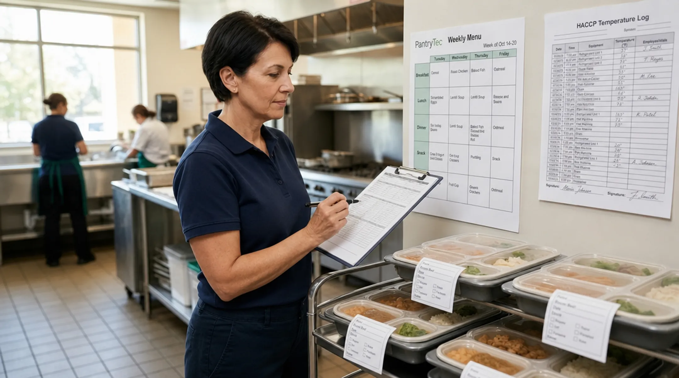 Hospital dietary staff reviewing tray card and menu compliance documentation