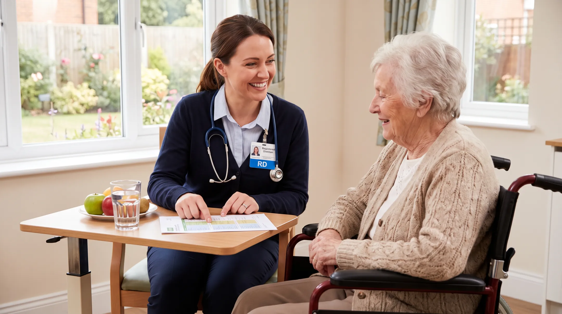 Registered dietitian consulting with senior residents in nursing facility