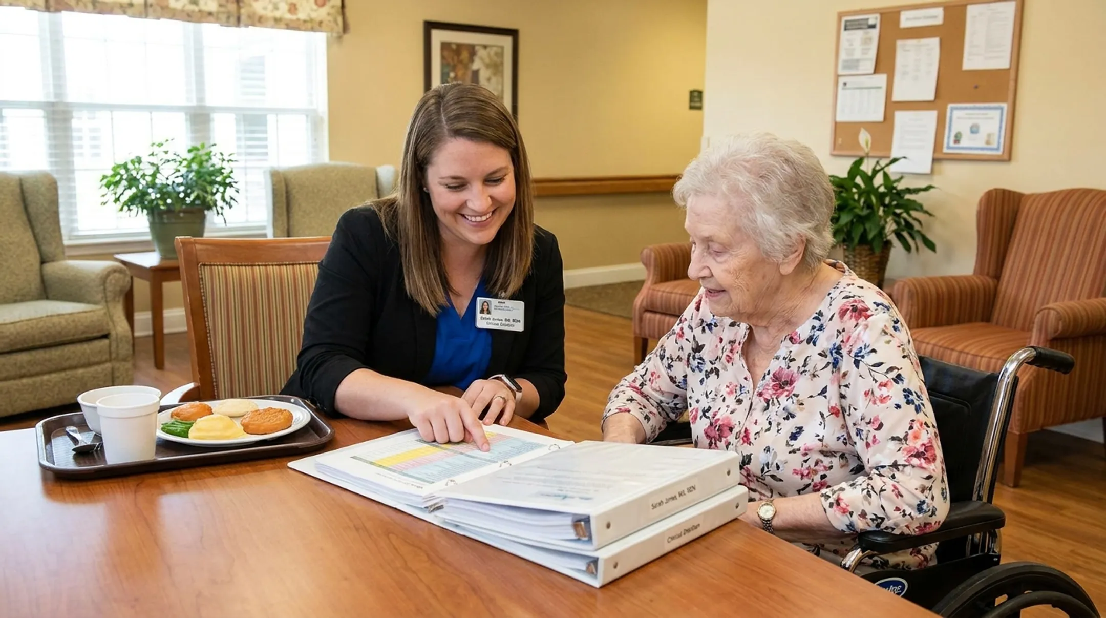 Dietary consultant reviewing nutrition care plan with nursing home resident