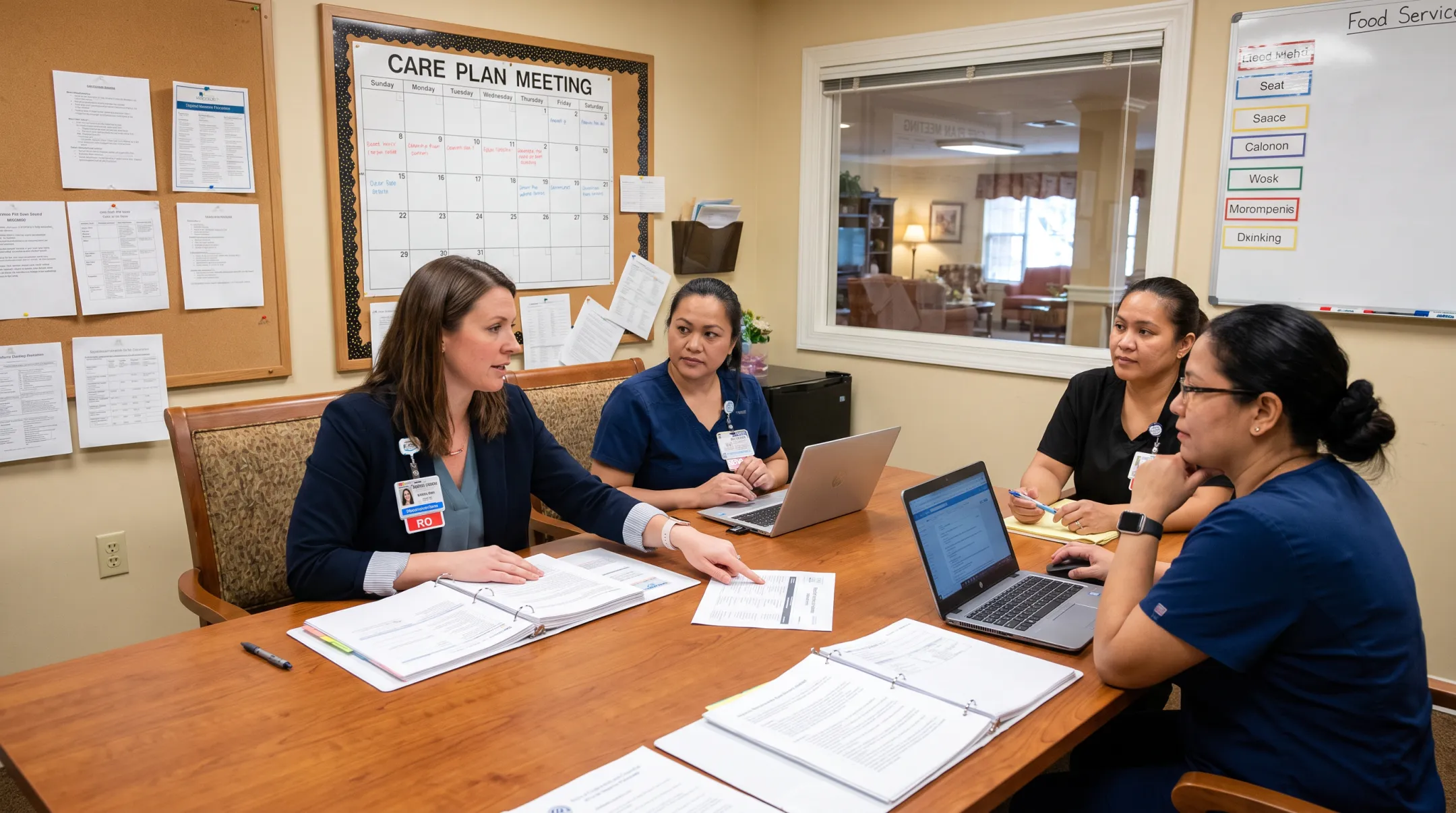 Registered dietitian consulting with nursing home staff on nutrition care