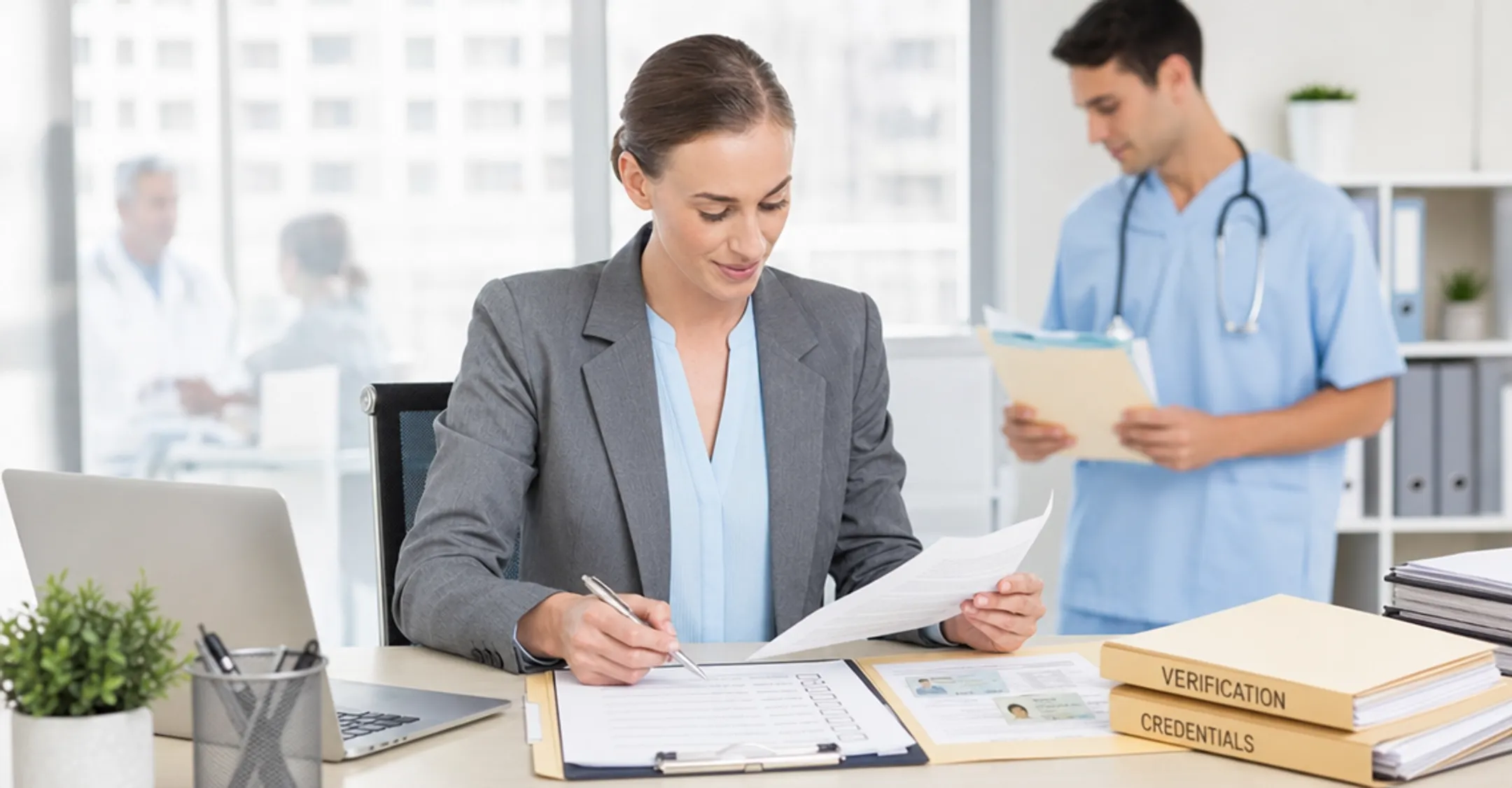 Nutrition staffing coordinator reviewing dietitian credentials and placement documents