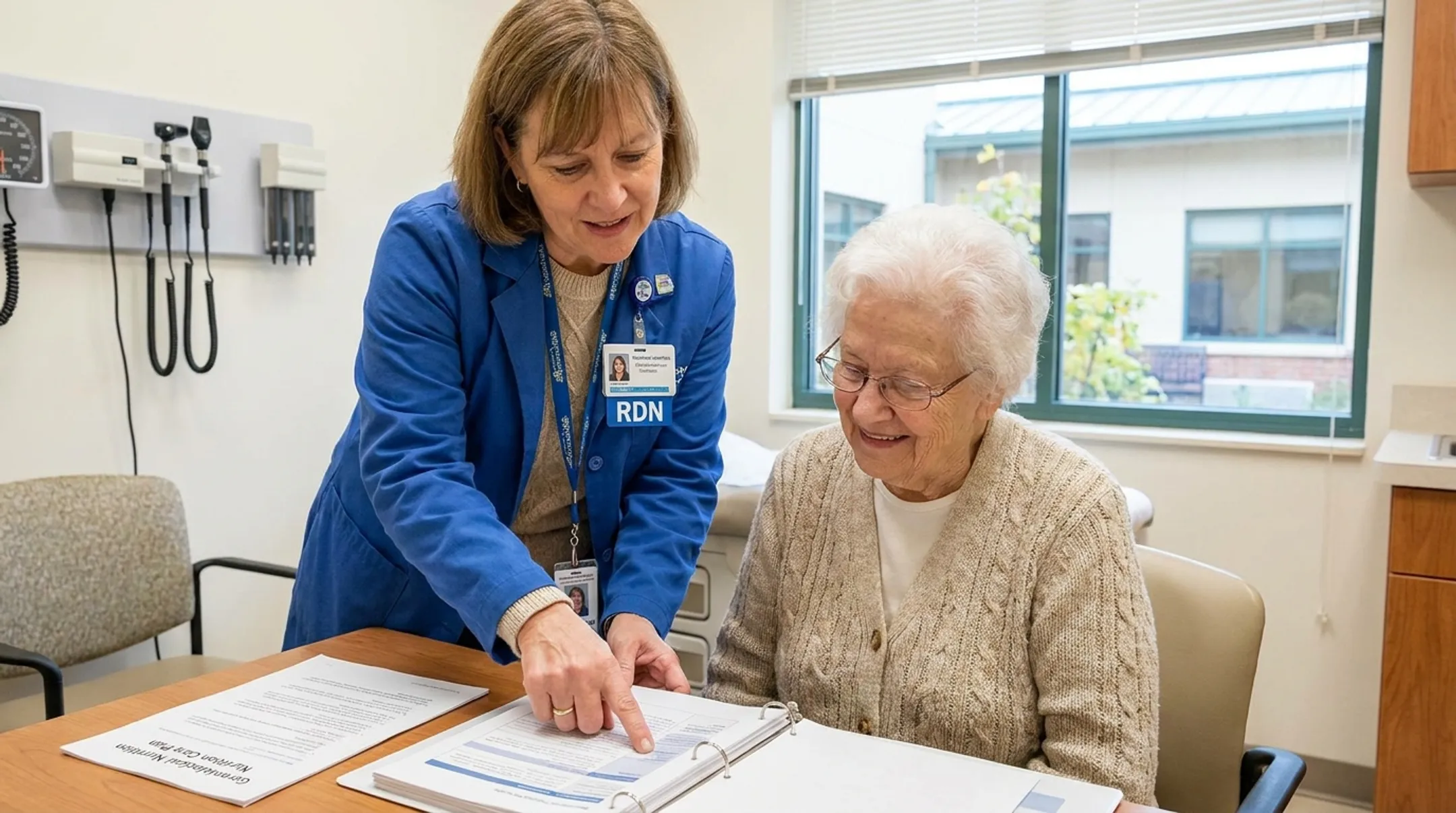Dietary Solutions dietitian consulting with elderly patient on nutrition plan
