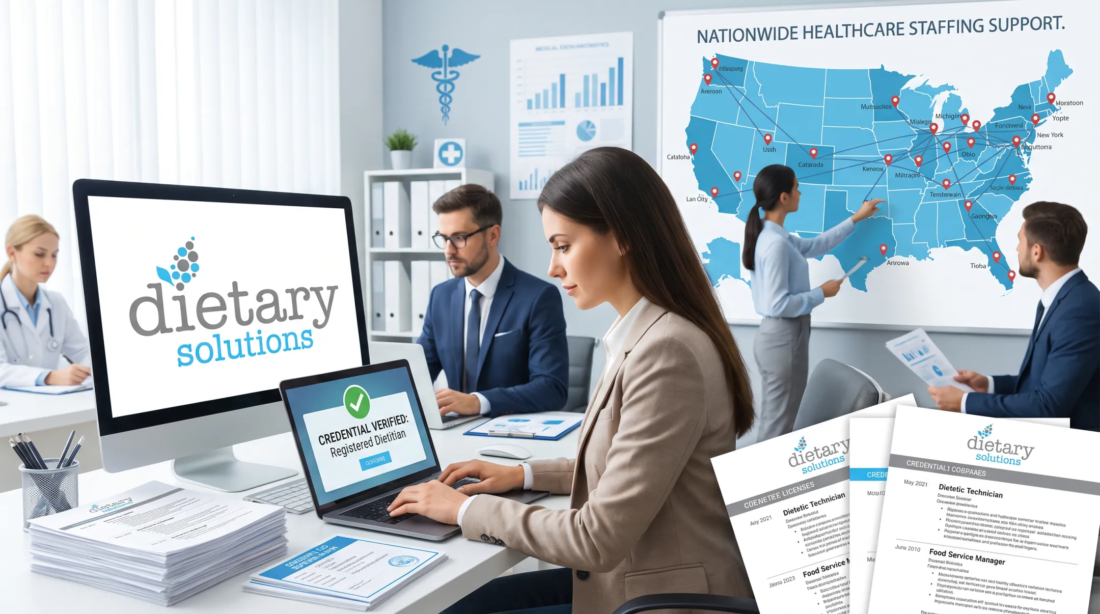 Dietary Solutions staffing team reviewing credentialed dietitian placements
