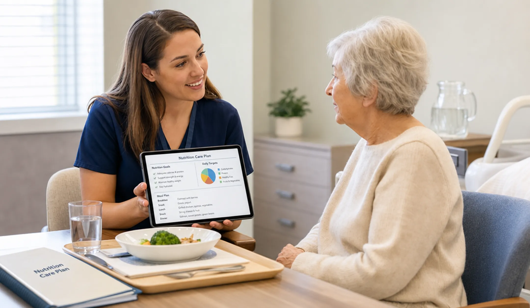 Registered dietitian consulting with elderly patient in nursing facility