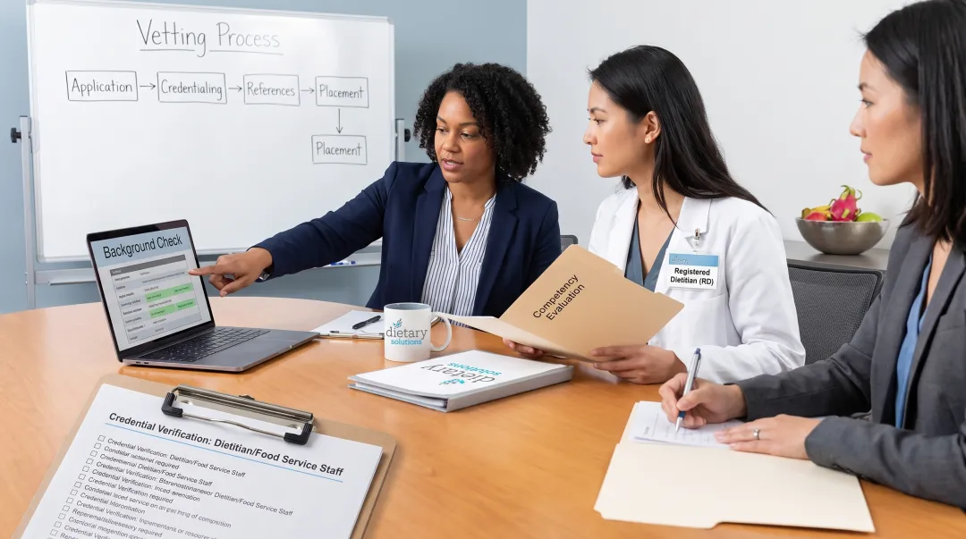 Dietary Solutions staff vetting process credential verification and competency evaluation