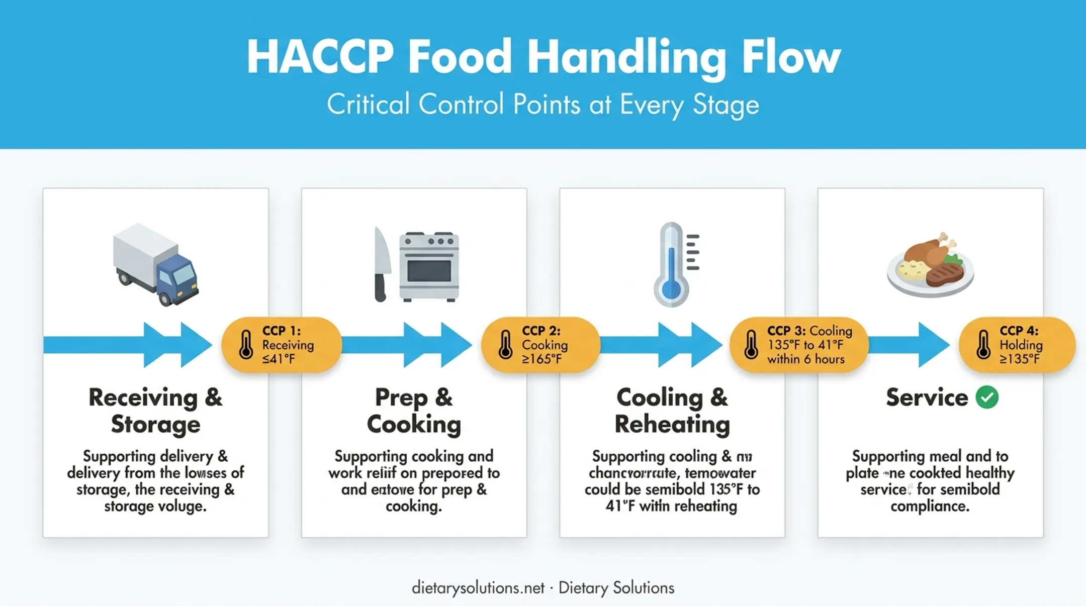 HACCP food safety flow from receiving to service with control points