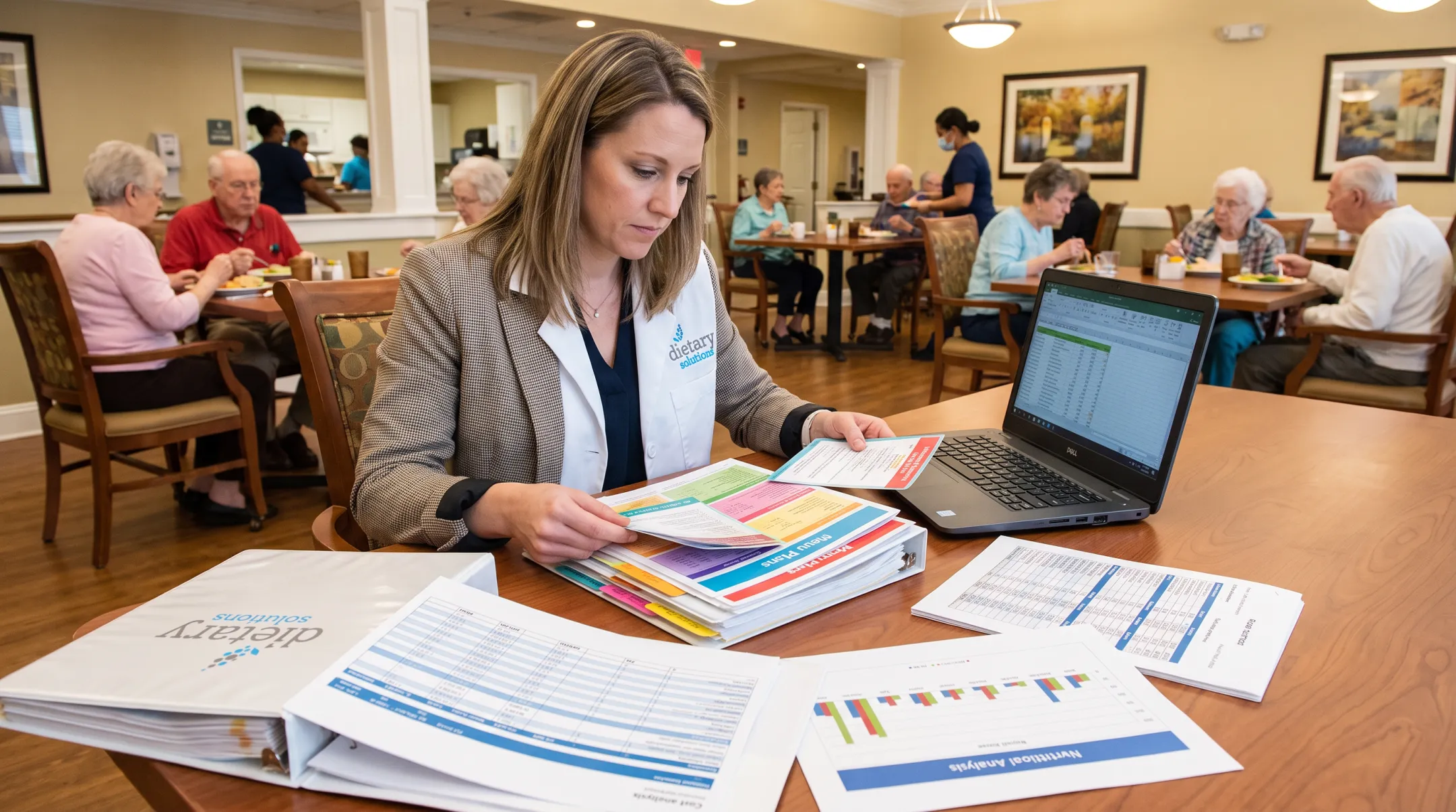 Dietary Solutions consultant dietitian reviewing menu and tray card system