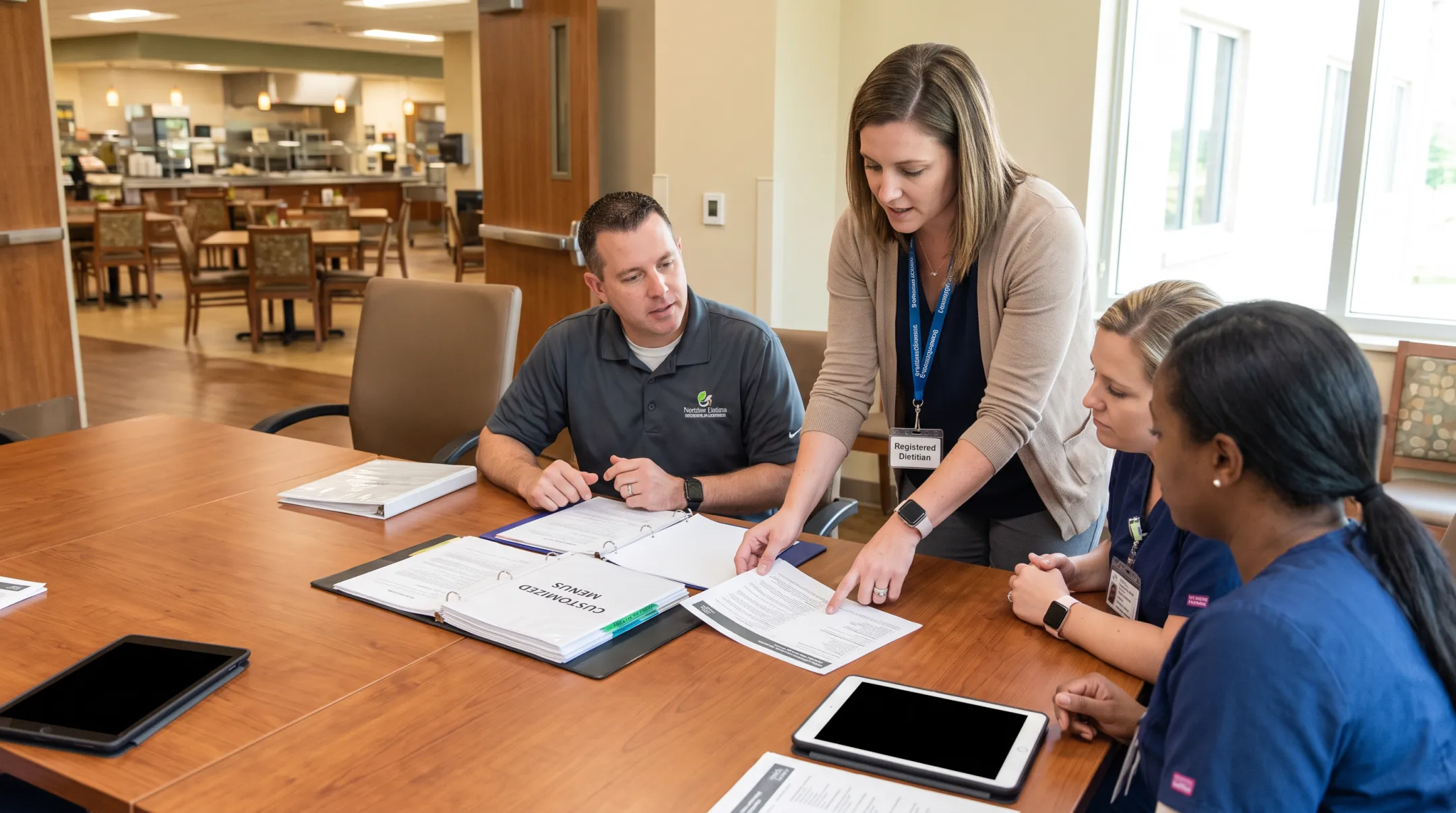 Dietary consulting team reviewing customized healthcare facility menu plans
