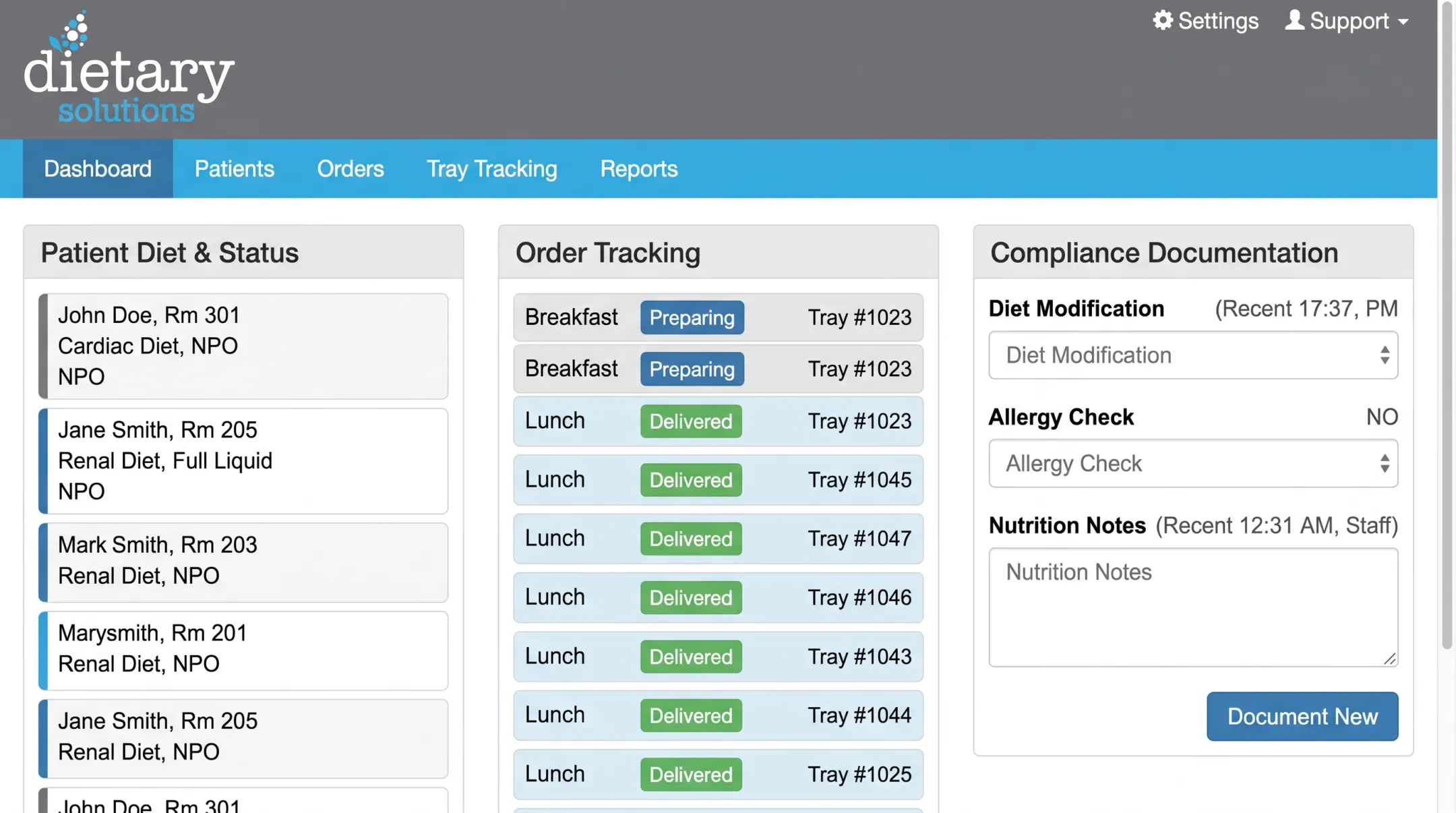 Digital diet ordering system interface with tray tracking dashboard