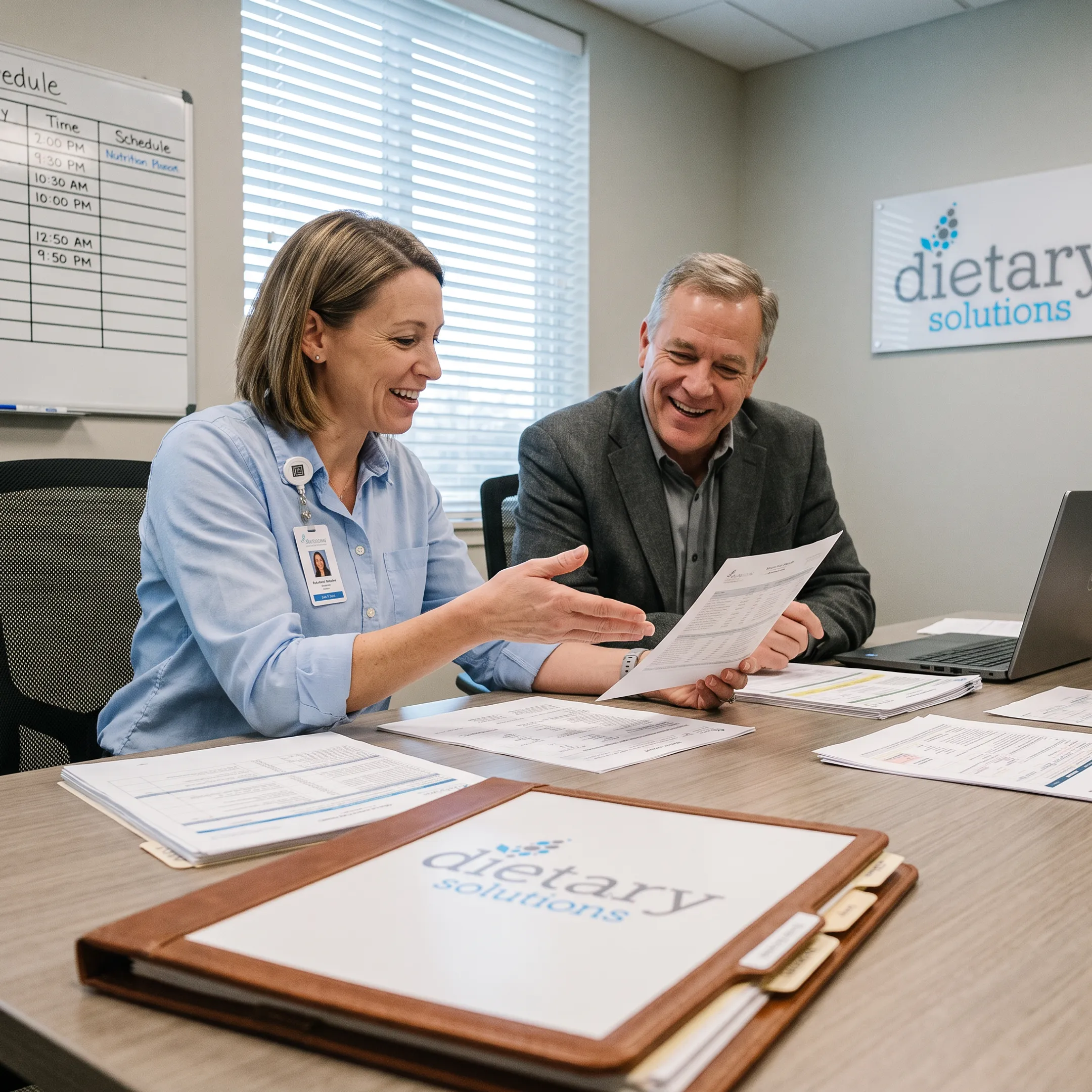 Dietitian and administrator reviewing dietary operations
