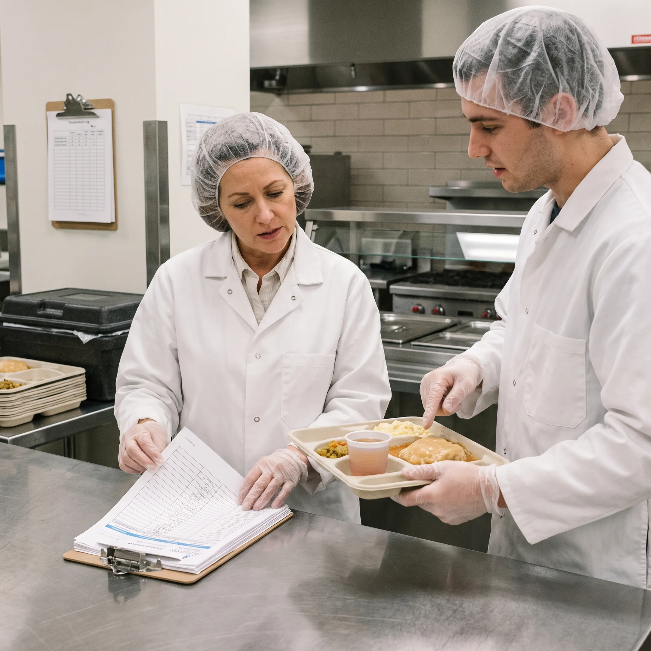 Healthcare food service manager reviewing meal operations