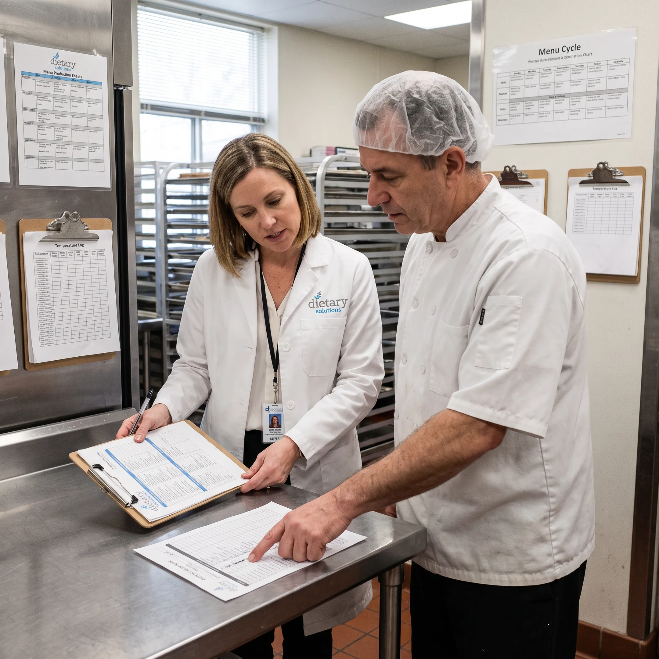 Dietitian reviewing healthcare meal service records
