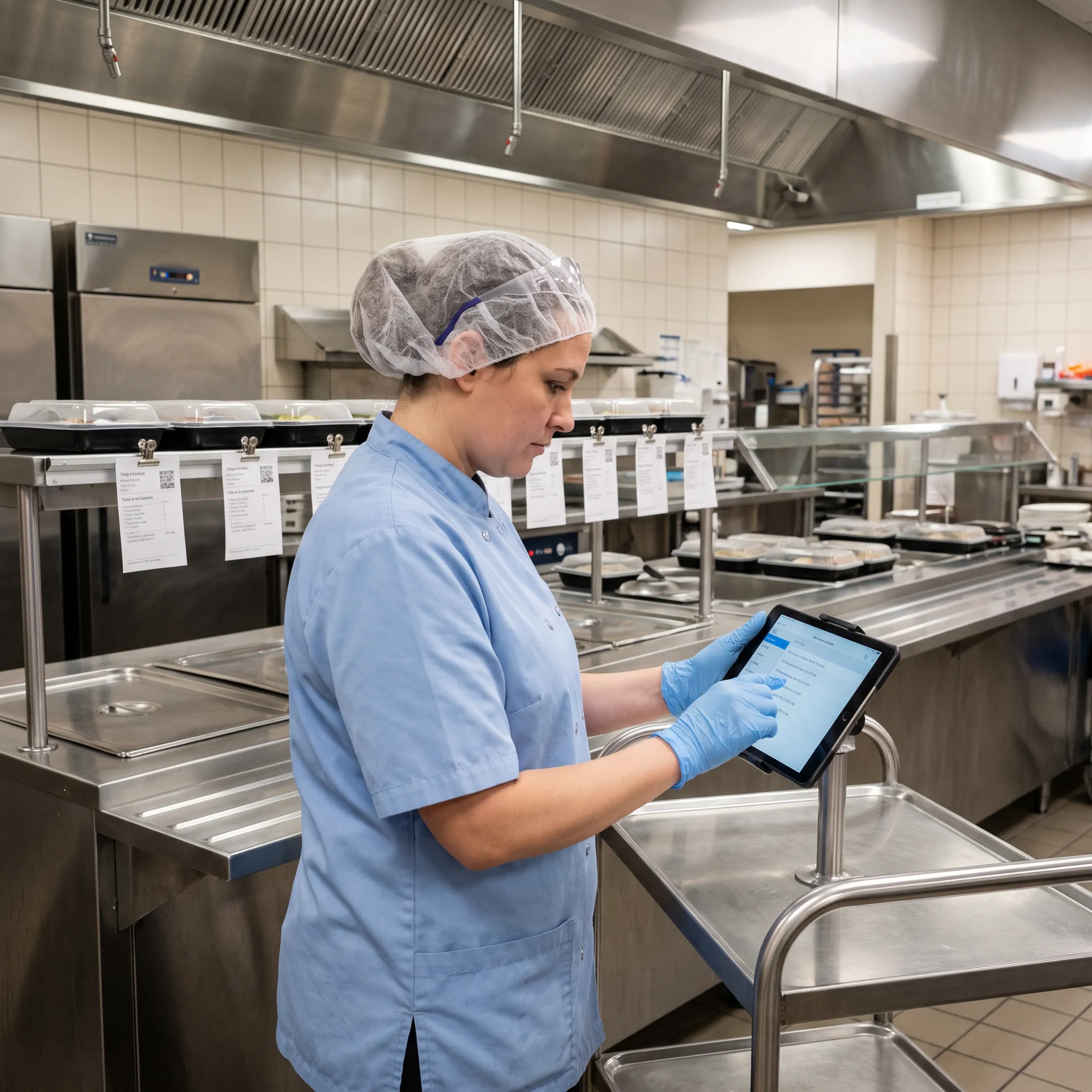 Healthcare worker reviewing a digital meal order