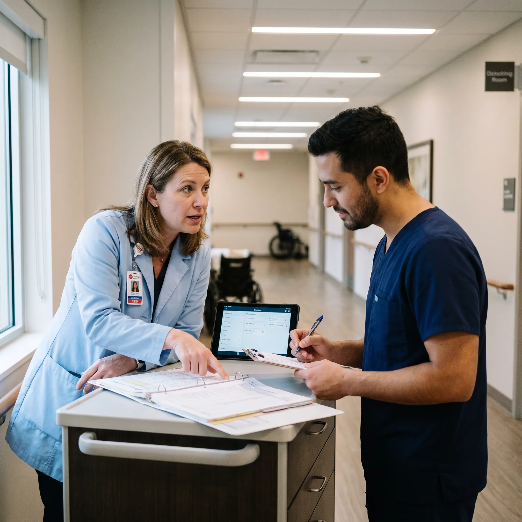 Registered dietitian reviewing a resident nutrition care plan with healthcare staff